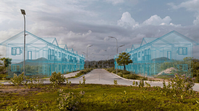 Suburban housing development wireframe over empty asphalt road in tropical residential subdivision