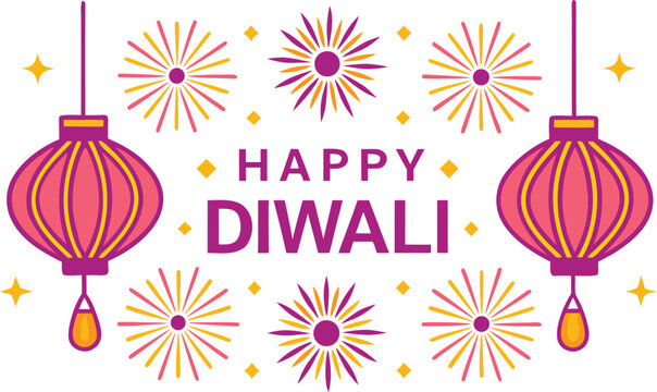 Happy diwali greeting with glowing lanterns and fireworks