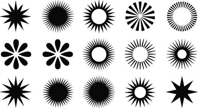 Starburst and sunburst vector icon set featuring various geometric explosion and radial ray shapes isolated on white background.