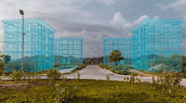  Multistory apartment block wireframes lining vacant street in mid rise residential housing project