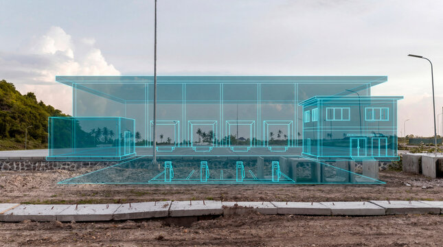 Electric vehicle charging station wireframe with canopy and operator office over paved coastal lot