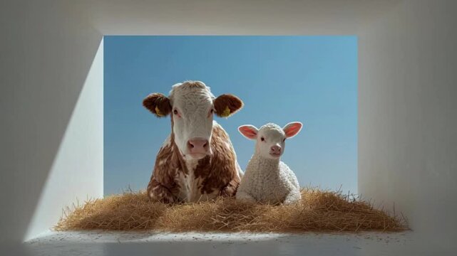 Curious cow and lamb in a rustic sunlit barn with hay