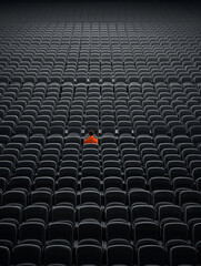 Obraz premium Lonely man cinema seat solitude empty auditorium symmetry pattern orange jacket