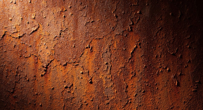 Detailed close-up view of heavily corroded rusty metal texture with peeling paint and rough surfaces showcasing decay.