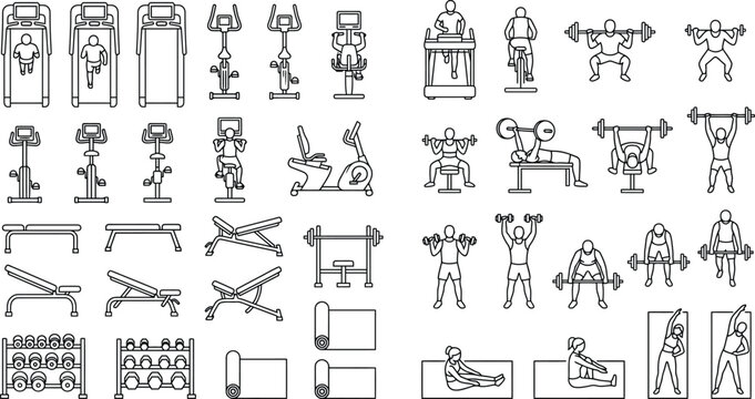 Gym fitness CAD vector icon set, workout equipment and exercise symbols with treadmills, bikes, weight machines, benches and athletes performing strength training for fitness layout and  architecture