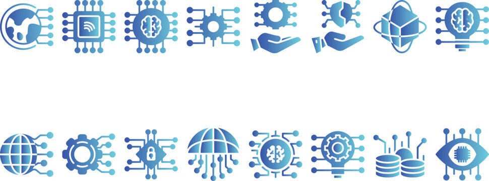 AI and Technology Circuit Board Icons Set for Business, Cyber Security, and Digital Innovation"