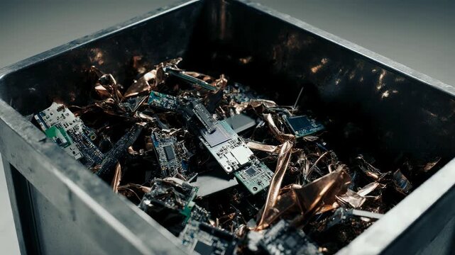 Top view of electronic waste in a metal bin. Circuit boards and copper scrap for recycling. Industrial e-waste management and environmental problem