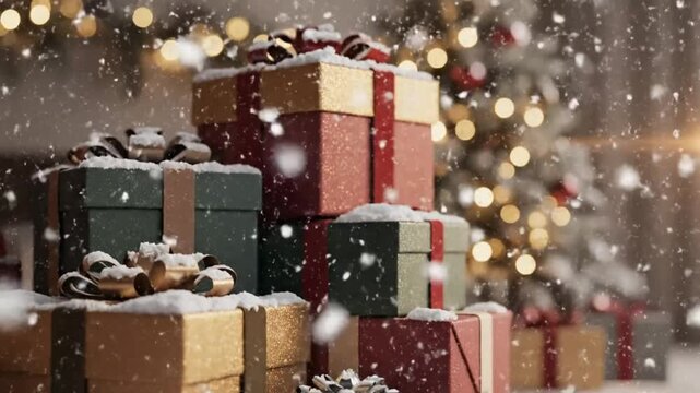 Festive Christmas scene with sparkling gifts and a twinkling tree with falling snow for holiday celebrations