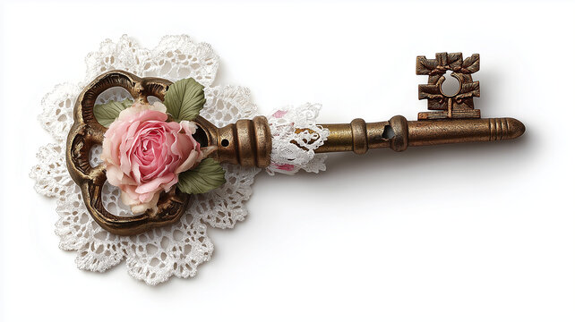 Antique key lace rose floral vintage romantic shabby chic decorative ornate metal nostalgia rustic wedding love heart feminine