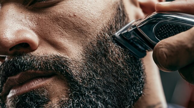 Barbershop beard lineup closeup. Precision outlining trimmer defining a sharp straight cheek line boundary against smooth skin on a handsome man.