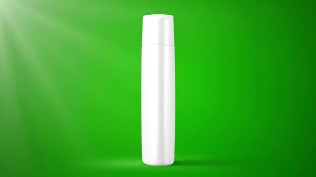 Simple white cosmetic product bottle with cap on green background illuminated by light