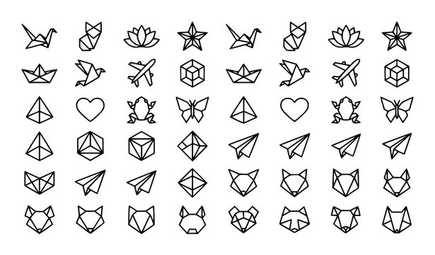 Minimal origami vector icon set with paper folding animals flowers and geometric symbols