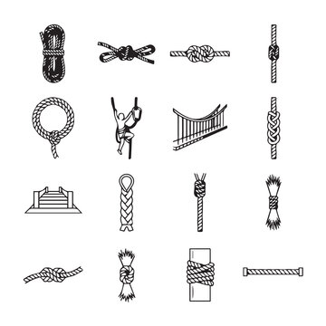 Collection of nautical and climbing knots tied with rope against a white background