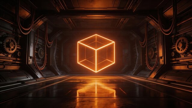 glowing cube in futuristic industrial chamber
