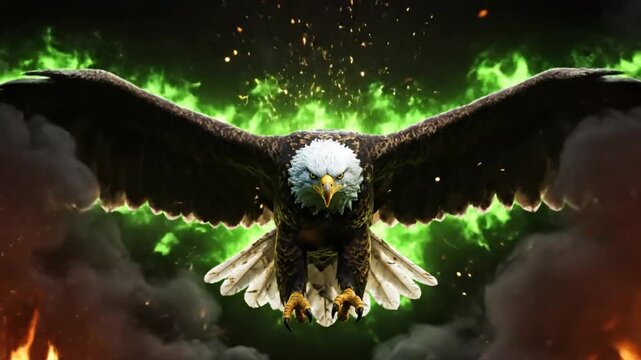 Epic bald eagle with wings spread wide, majestic bird of prey with green and orange fire effects, fierce flying power