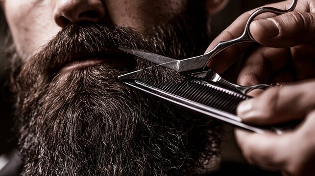 Barbershop beard trim on a handsome man with a full dark beard. Barber's scissors and comb trimming beard hair.