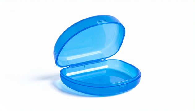 Retainer case in translucent blue. isolated on white background, studio lighting, high resolution, sharp focus, professional commercial photography.

