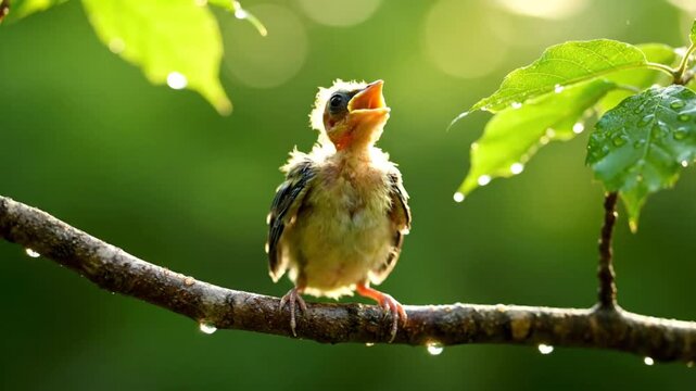 Baby bird perched on a branch opens its beak, waiting for its parent with a sunny background and green leaves with raindrops.