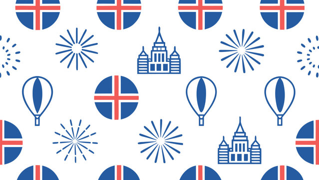 Icelandic independence day seamless pattern with flags, fireworks, hot air balloons, and