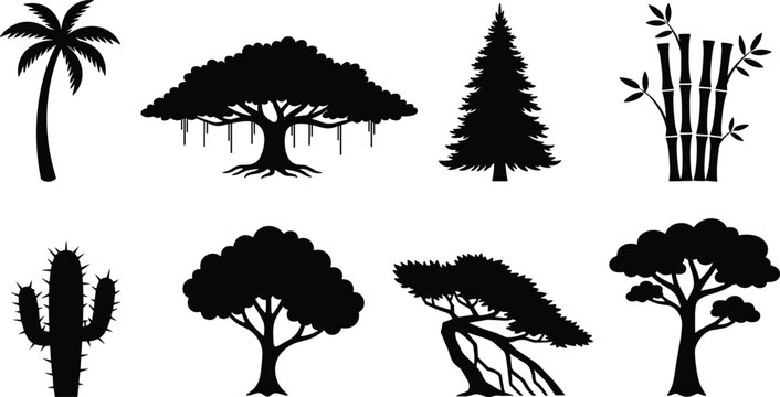 Tropical Palm and Bonsai Tree Silhouette Vector Collection with Bamboo Pine and Cactus Nature Design Elements