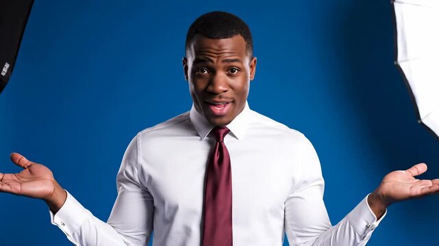 african american businessman shrugging shoulders in confusion against blue background. confused corporate worker gesturing ignorance. studio portrait, business presentation,  communication.