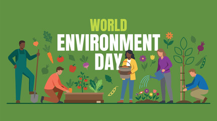 Fototapeta premium World Environment Day banner with diverse people gardening for community sustainability campaigns, eco awareness events, and environmental advocacy
