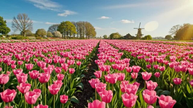 Scenic aerial view of vibrant pink tulips blossoming in a field with a traditional windmill under a bright blue sky