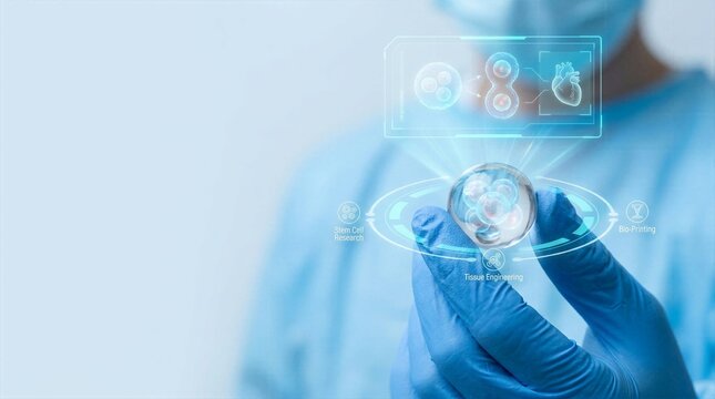 Holographic cell division and bio printing display over stem cell sphere in medical laboratory.