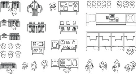Fototapeta na wymiar Retail clothing store CAD vector set, top view shop layout symbols with clothing racks, display tables, shelving, fitting rooms, checkout counter and shoppers for retail space planning design