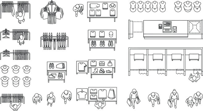 Retail clothing store CAD vector set, top view shop layout symbols with clothing racks, display tables, shelving, fitting rooms, checkout counter and shoppers for retail space planning design