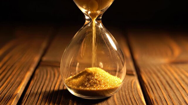 a glass hourglass with golden sand trickling steadily through the neck. Lower chamber fills slowly. Warm side light on wooden surface. No people.