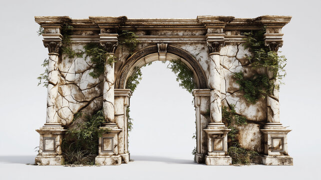 Ancient roman arch stone ruin marble column overgrown plant cracked wall historical architecture ancient roman arch stone ruin