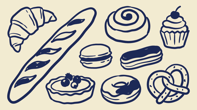 French bakery pastry hand-drawn illustration set for food branding, cafe menu design, patisserie packaging, and culinary editorial projects