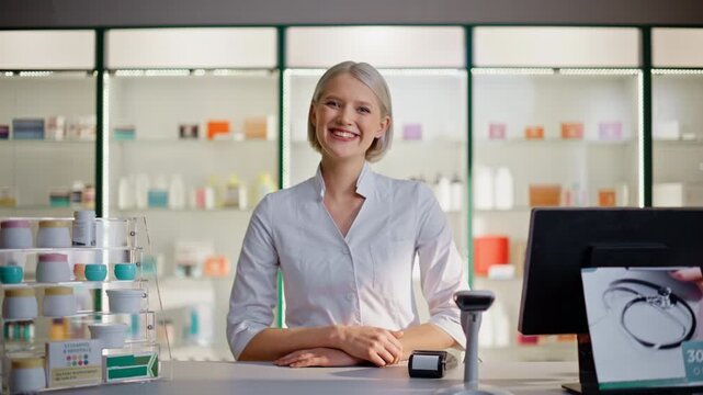Pharma technician looking camera standing at prescription desk cashier portrait