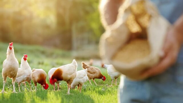 Closeup of farmer pouring grain from sack with chickens in background