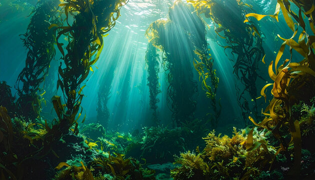 Sunlit underwater kelp forest with rays of light penetrating the deep blue ocean, creating a vibrant marine ecosystem.