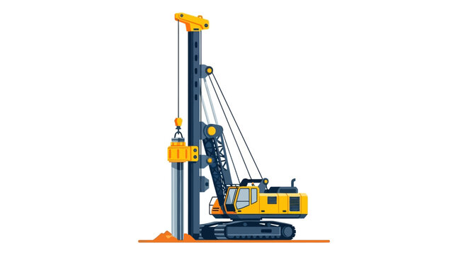 Heavy Duty Hydraulic Piling Rig Machine for Foundation Construction Work, Vector Illustration Isolated on White Background