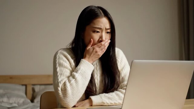 shocked asian woman looking at laptop screen with hand covering mouth. surprised female working late at home. unexpected news, internet reaction, remote work stress, night browsing.