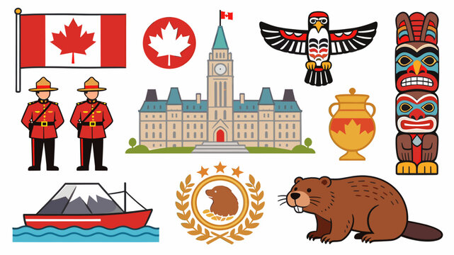 A vibrant collection of Canadian symbols and icons, including the national flag, RCMP officers, Parliament Hill, totem poles, a beaver, and a ship.