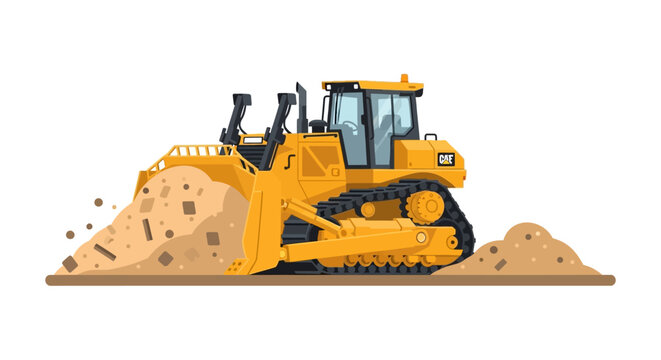 Heavy Yellow Bulldozer Pushing Sand and Dirt Vector Illustration - Industrial Crawler Tractor for Construction Site Development and Earthmoving Work