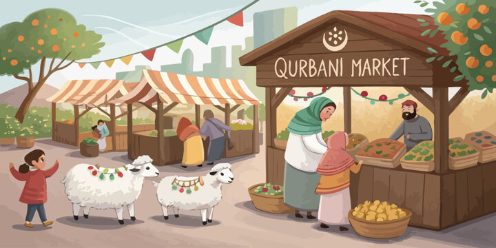 Traditional qurbani market scene with a vendor at a fruit stall and a mother with her child looking at sheep in preparation for the eid al-adha festival celebration, tradition