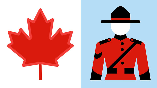 Illustration of a red maple leaf and a Royal Canadian Mounted Police officer in uniform.