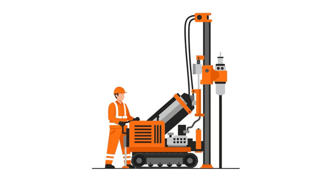 Construction worker operating heavy industrial drilling rig machine for geotechnical engineering and foundation building. Vector illustration on white background.