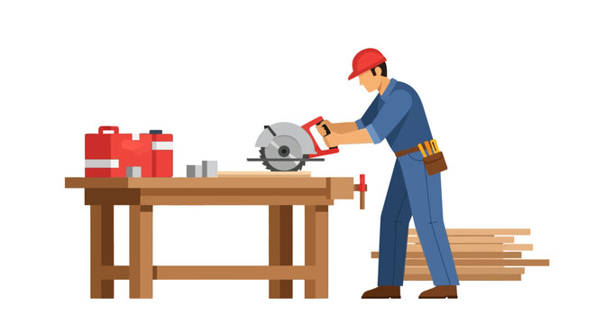Carpenter Using Electric Circular Saw on Wooden Workbench Vector Illustration