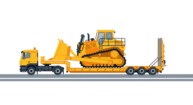 Heavy Duty Transport Truck Carrying Yellow Bulldozer on Lowboy Trailer, Industrial Construction Machinery Logistics Vector Illustration Isolated on White Background