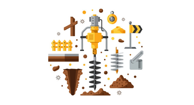 Earth Drilling and Soil Sampling Equipment Vector Illustration Set with Power Auger, Fence Post Icons, and Construction Site Elements