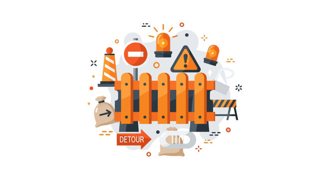 Modern Flat Vector Illustration of Construction Barriers, Traffic Cones, and Warning Signs for Roadwork, Safety, and Website Under Maintenance Concept