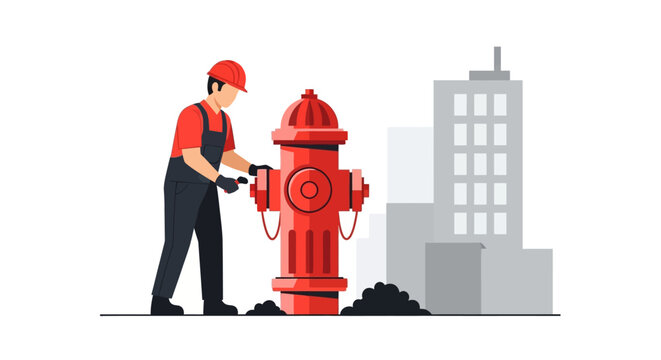 Maintenance Worker Inspecting Red Fire Hydrant in Urban City Flat Vector Illustration