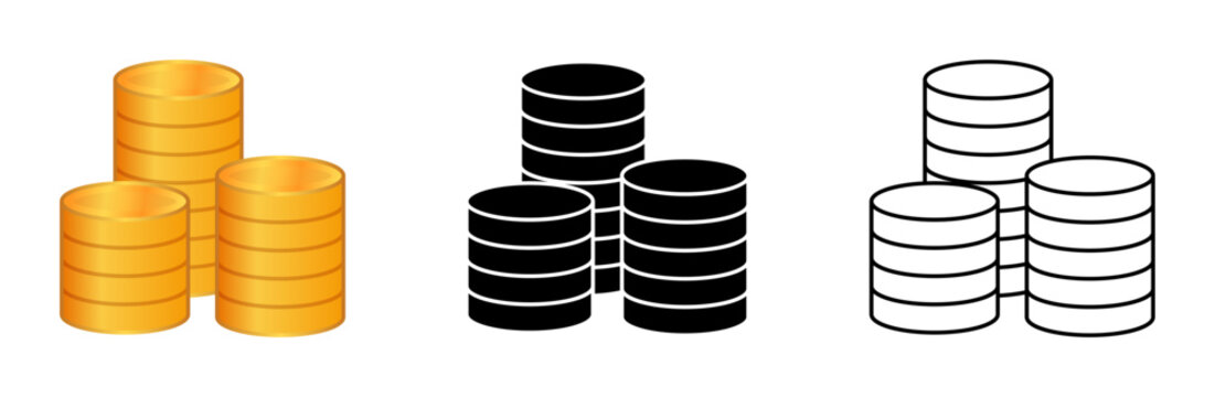 Coins stack icons Illustration vector pack. Stacks of gold coins vector illustration isolated on white background.Gold coin stacks icon set with 3D gradient and flat silhouette styles. Financial icons
