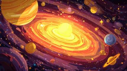 Fototapeta premium Stylized Abstract Digital Art Illustration of a Colorful Solar System with a Central Glowing Star Surrounded by Planets Orbiting in a Vibrant Galaxy Space for Science Fiction and Education